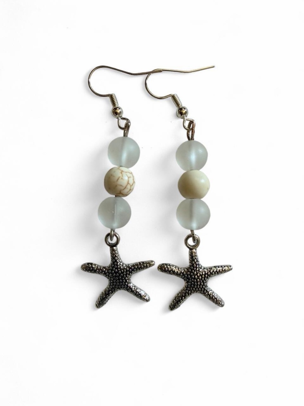 Handmade Ivory Beaded Silver Starfish Charm Earrings Boho Beach